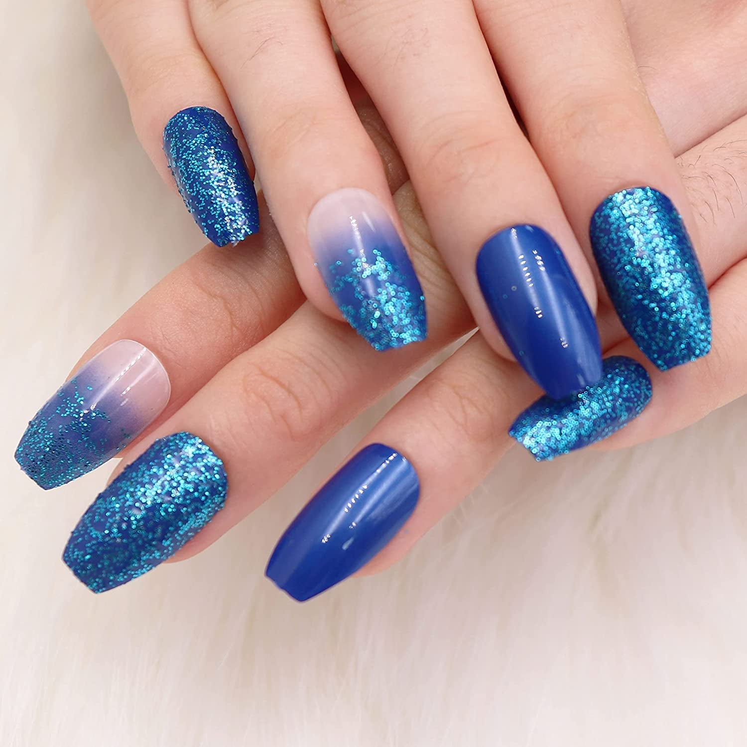 Press on Nails - Medium Coffin Glue on Nails with Blue Ombre, Acrylic Bling Glitter Design 24 Pcs