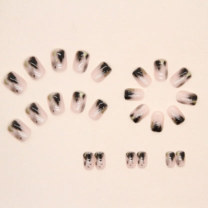 Press on Nails - Short Square Glue on Nails with Black Ink, Acrylic Gold Foil Design 24 Pcs