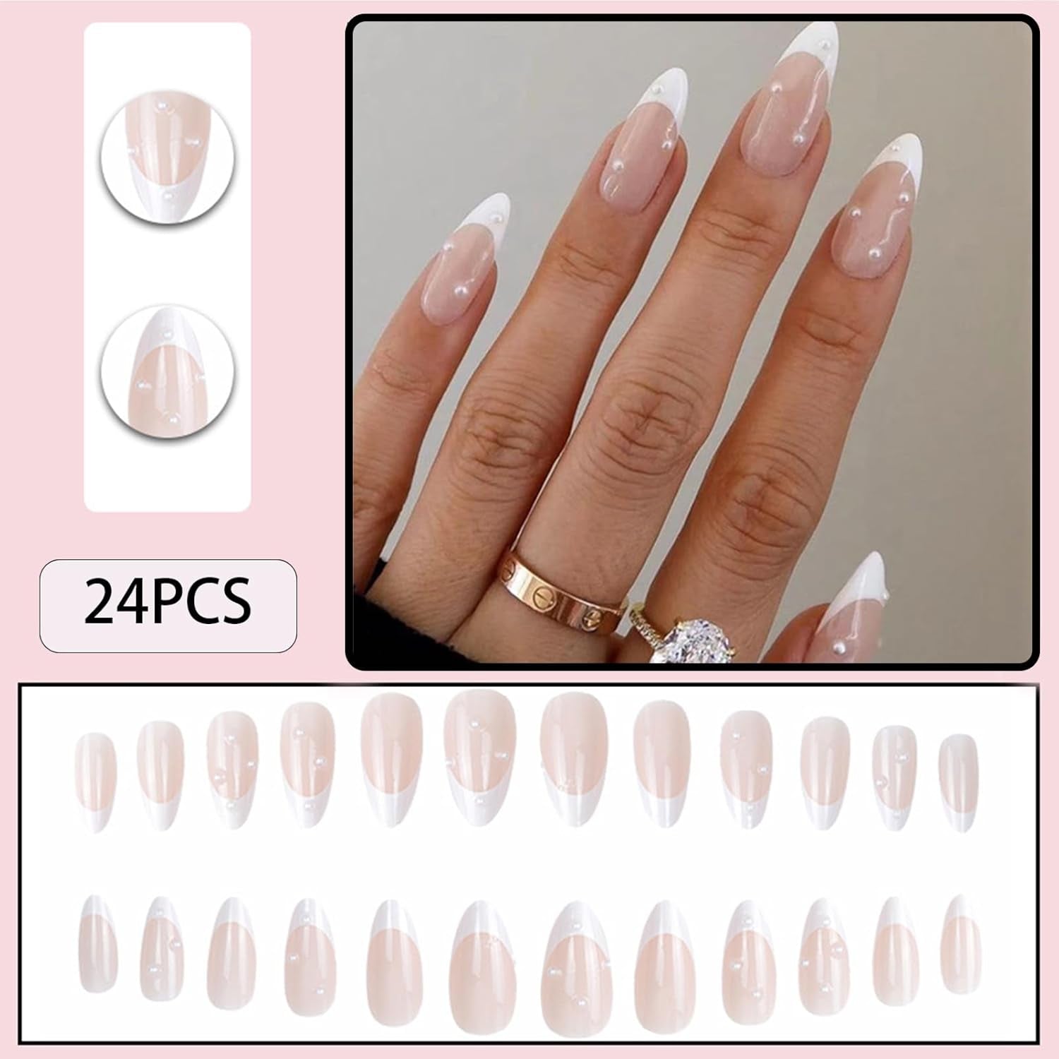 Almond Press on Nails,White French Tip Almond Nails Medium Fake/False Nails with Pearl Nails Press on Designs Acrylic Artificial Nails Stick on Nails for Women 24Pcs