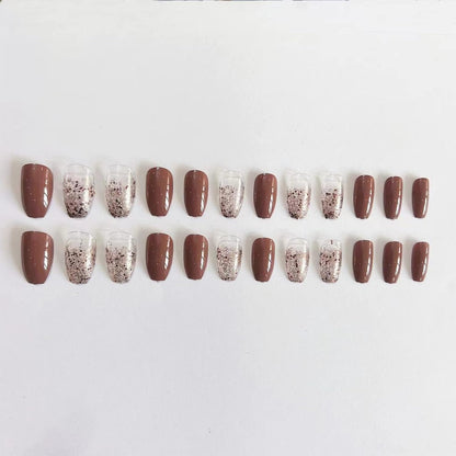 Coffin Press on Nails Medium Ballerina Glossy Glue on Nails Brown Gradient Acrylic False Nails Designs 24 Pcs