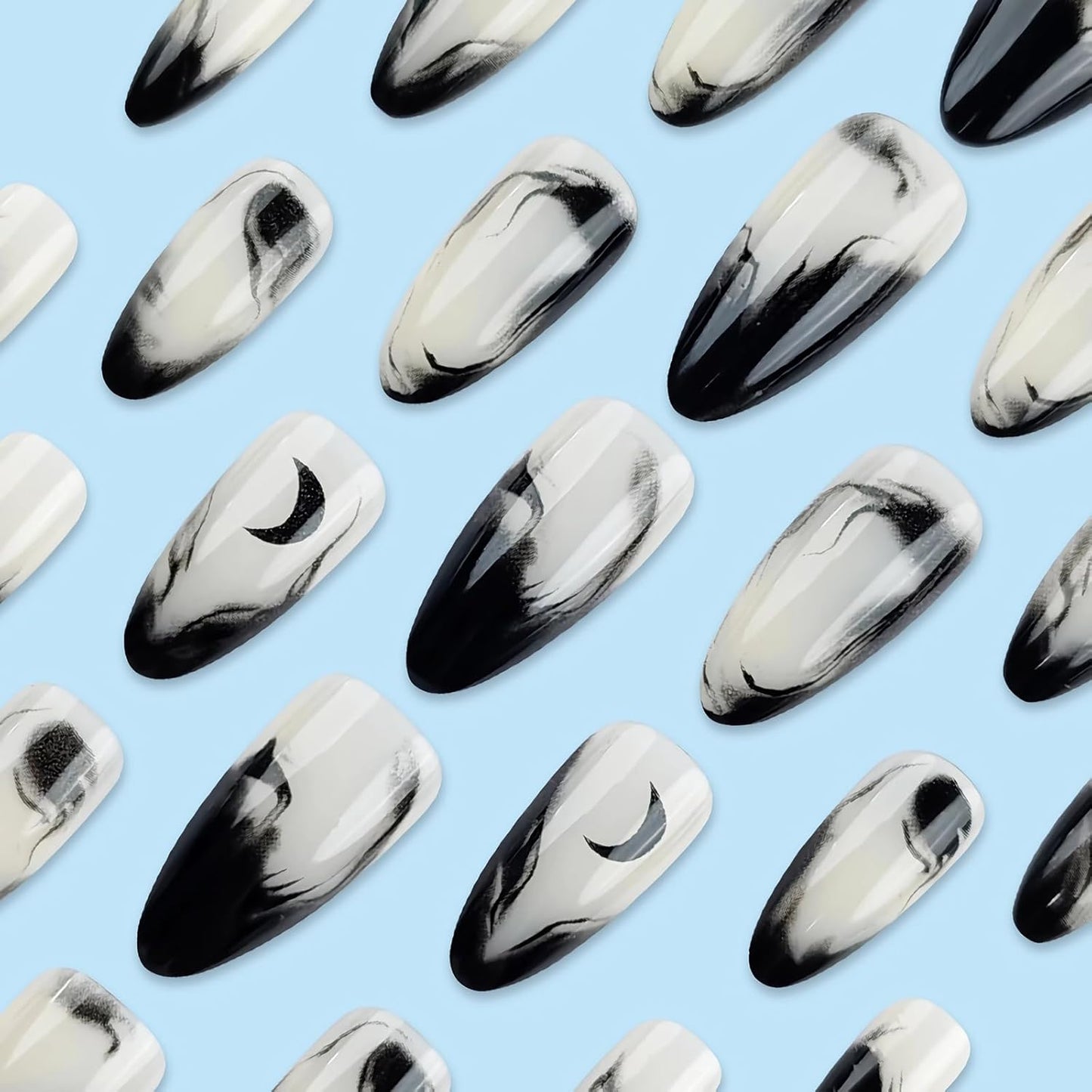 Press on Nails - Medium Almond Glue on Nails with Goth Black, Acrylic Gothic Moon Design 24 Pcs