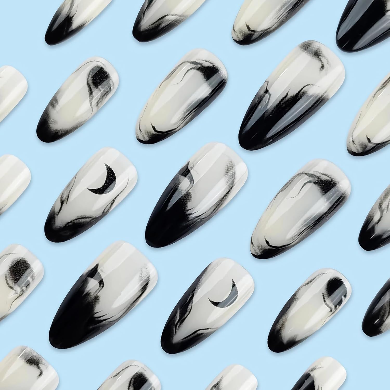 Press on Nails - Medium Almond Glue on Nails with Goth Black, Acrylic Gothic Moon Design 24 Pcs