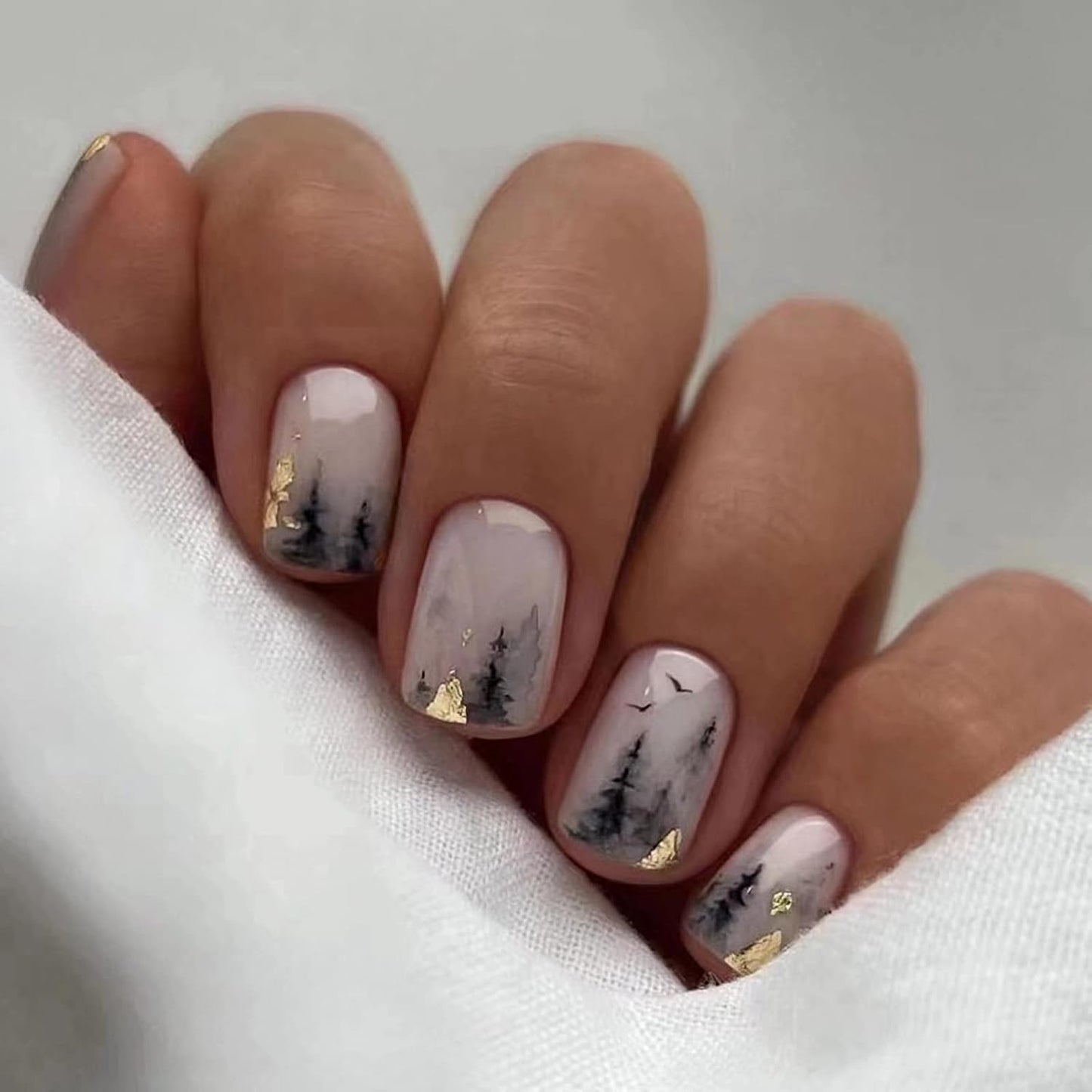 Press on Nails - Short Square Glue on Nails with Black Ink, Acrylic Gold Foil Design 24 Pcs