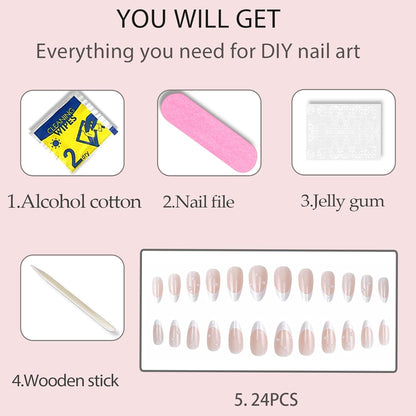 Almond Press on Nails,White French Tip Almond Nails Medium Fake/False Nails with Pearl Nails Press on Designs Acrylic Artificial Nails Stick on Nails for Women 24Pcs