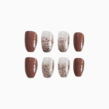 Coffin Press on Nails Medium Ballerina Glossy Glue on Nails Brown Gradient Acrylic False Nails Designs 24 Pcs