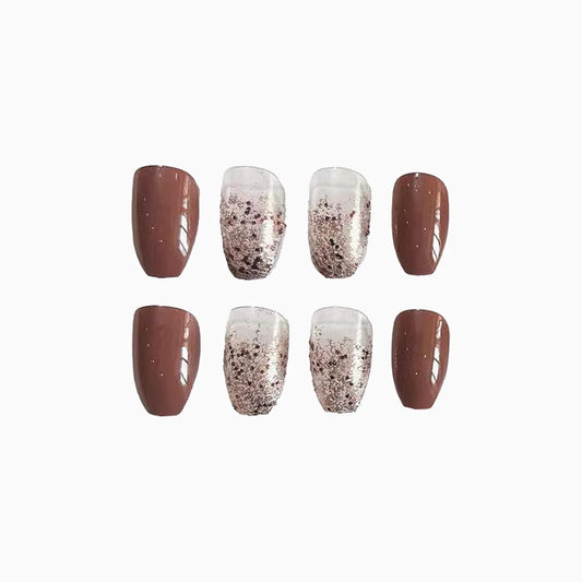 Coffin Press on Nails Medium Ballerina Glossy Glue on Nails Brown Gradient Acrylic False Nails Designs 24 Pcs