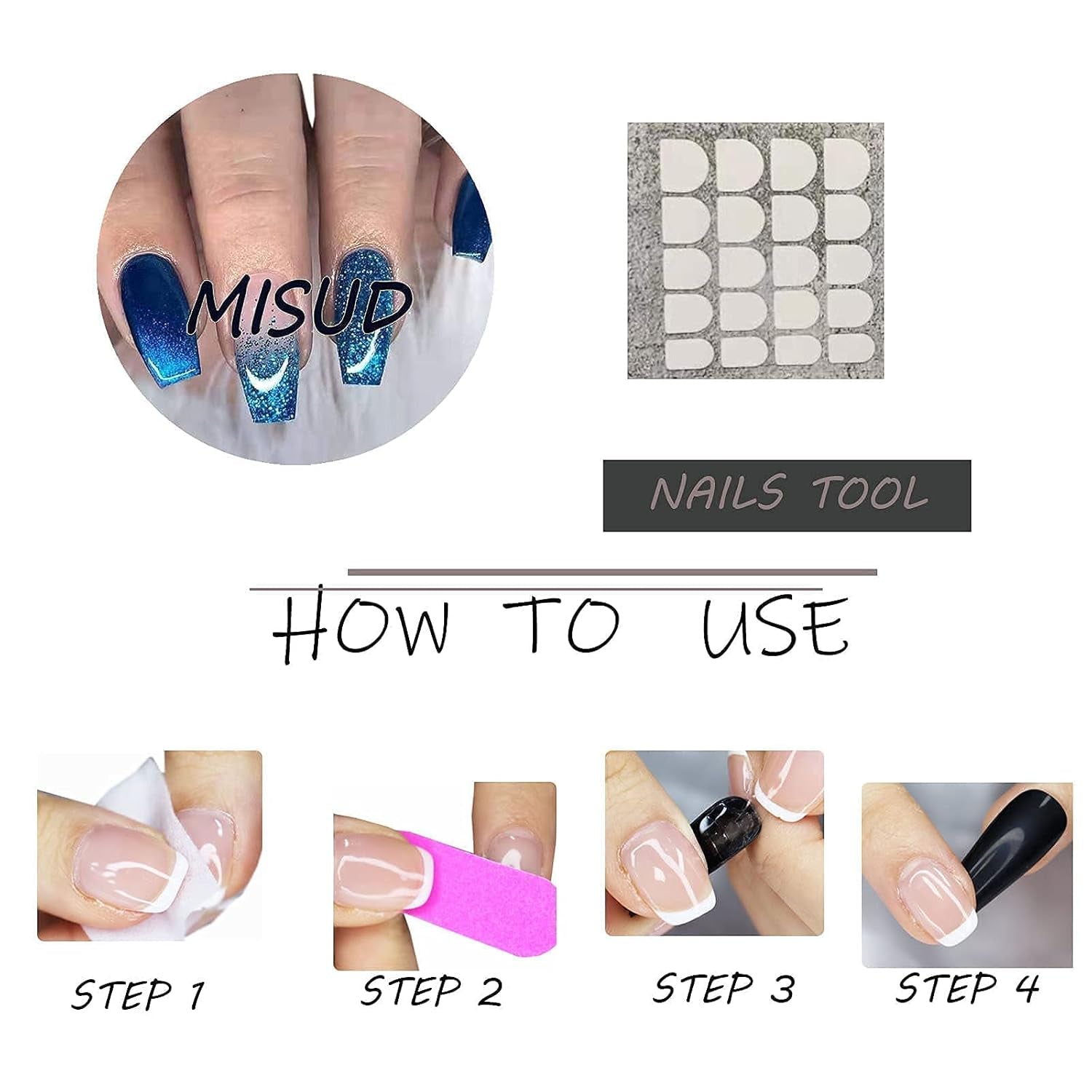 Press on Nails - Medium Coffin Glue on Nails with Blue Ombre, Acrylic Bling Glitter Design 24 Pcs