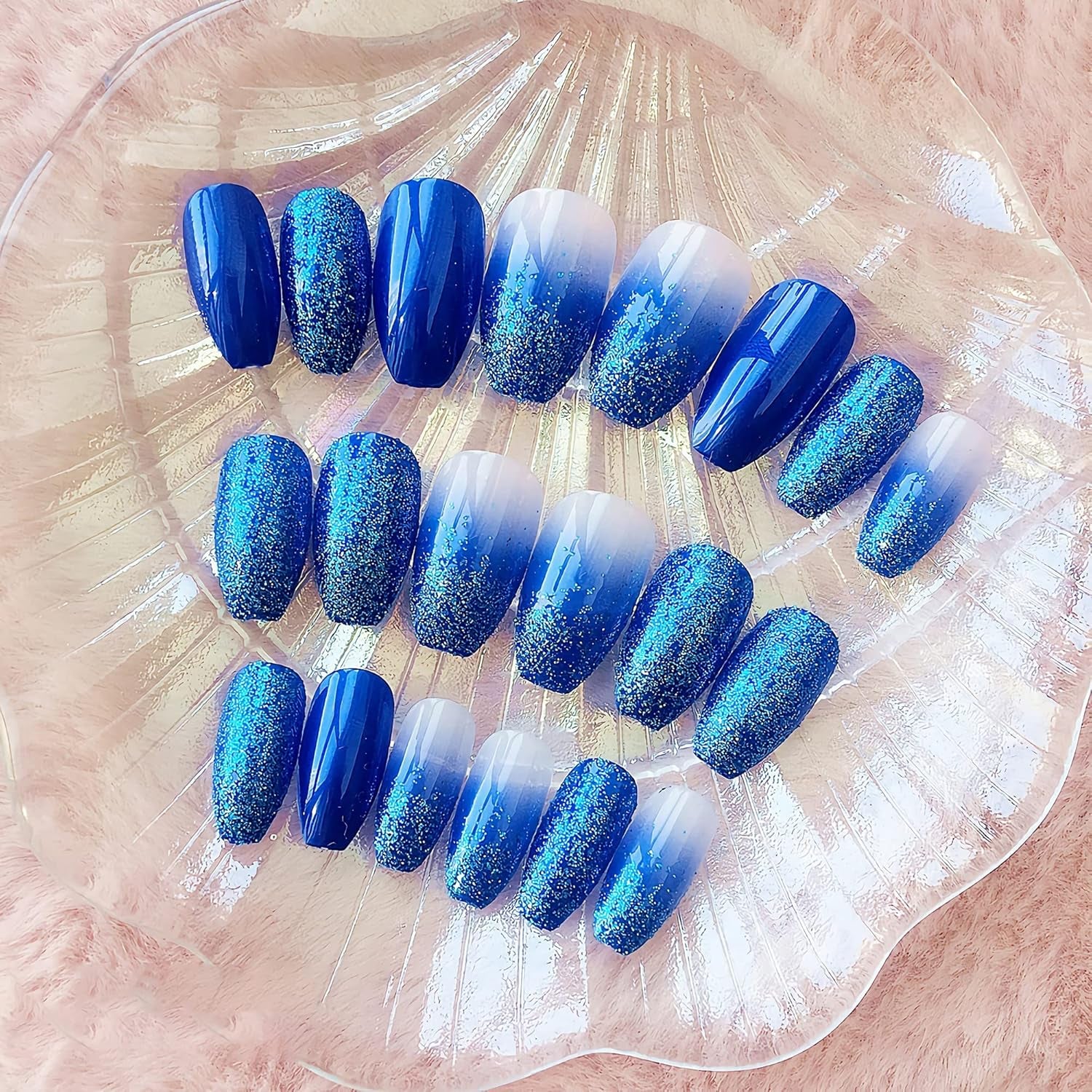 Press on Nails - Medium Coffin Glue on Nails with Blue Ombre, Acrylic Bling Glitter Design 24 Pcs