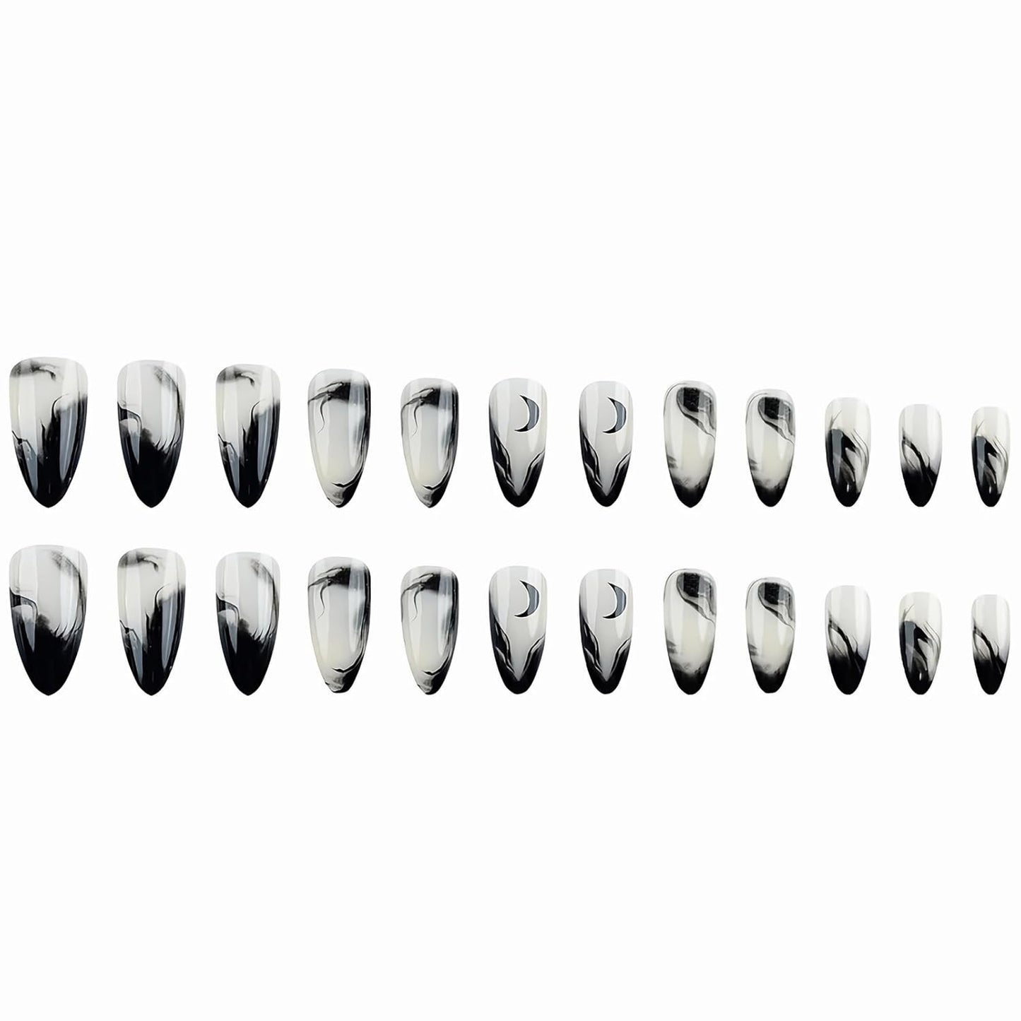 Press on Nails - Medium Almond Glue on Nails with Goth Black, Acrylic Gothic Moon Design 24 Pcs
