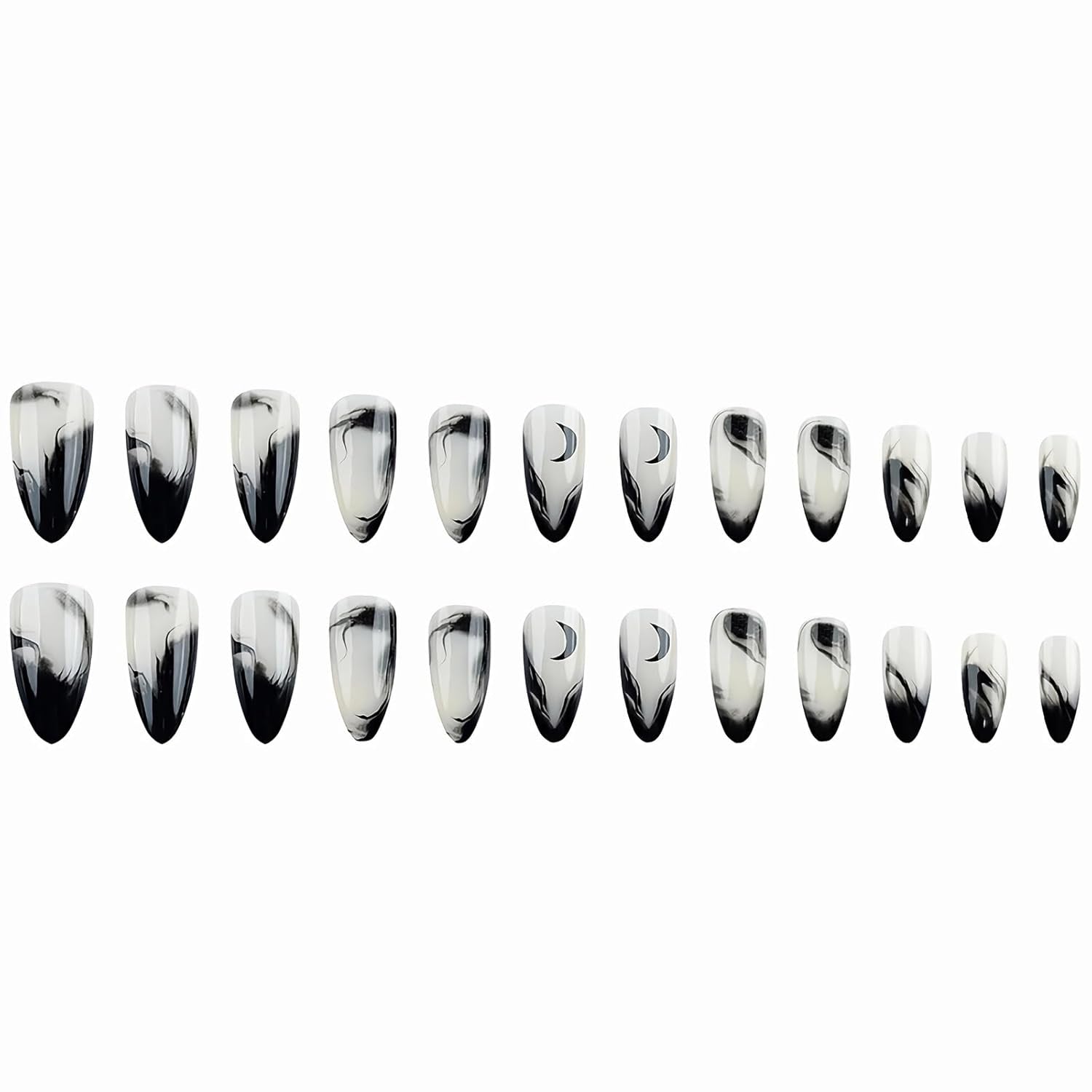 Press on Nails - Medium Almond Glue on Nails with Goth Black, Acrylic Gothic Moon Design 24 Pcs