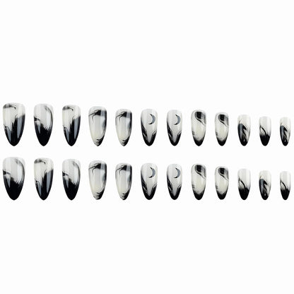 Press on Nails - Medium Almond Glue on Nails with Goth Black, Acrylic Gothic Moon Design 24 Pcs