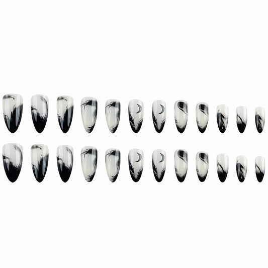 Press on Nails - Medium Almond Glue on Nails with Goth Black, Acrylic Gothic Moon Design 24 Pcs