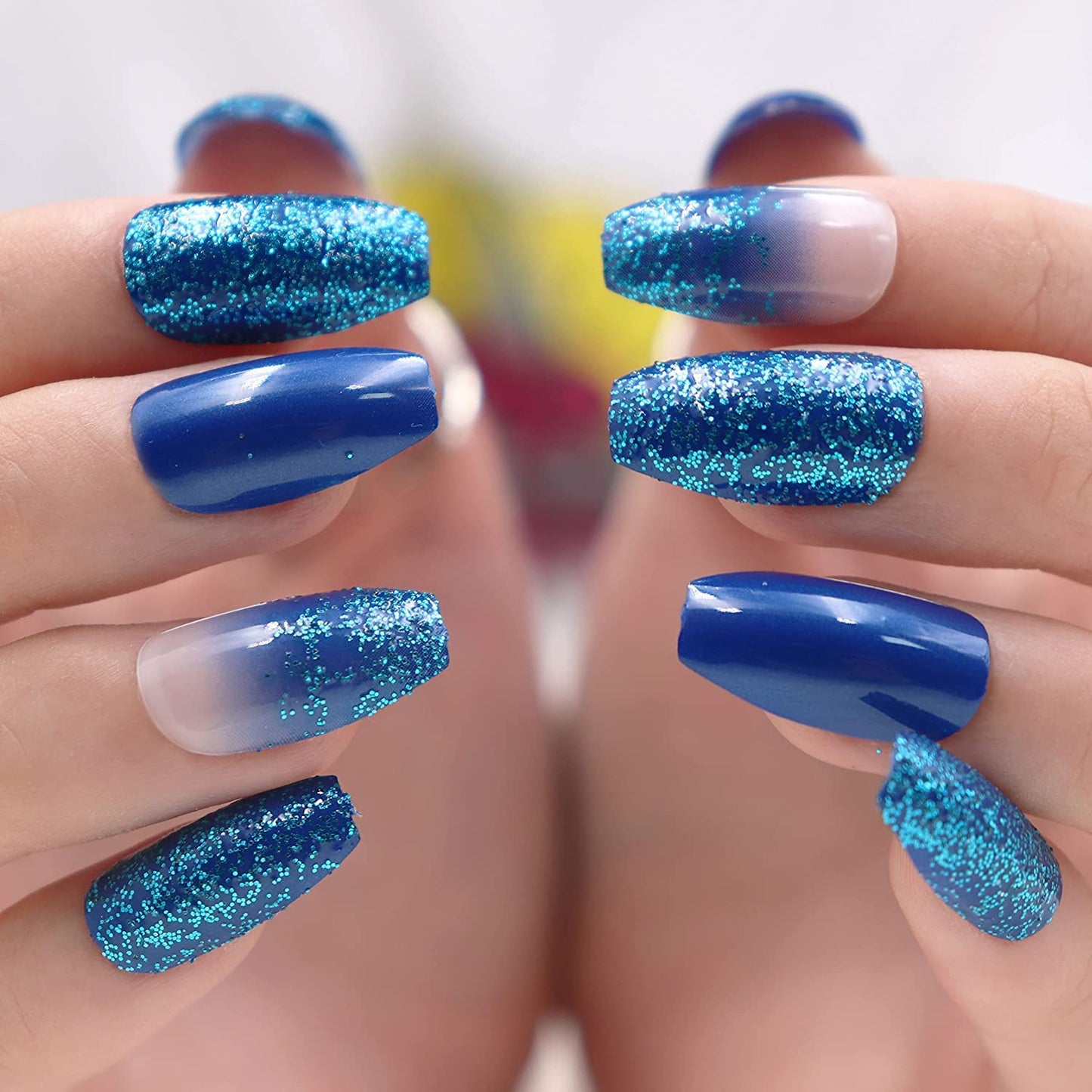 Press on Nails - Medium Coffin Glue on Nails with Blue Ombre, Acrylic Bling Glitter Design 24 Pcs