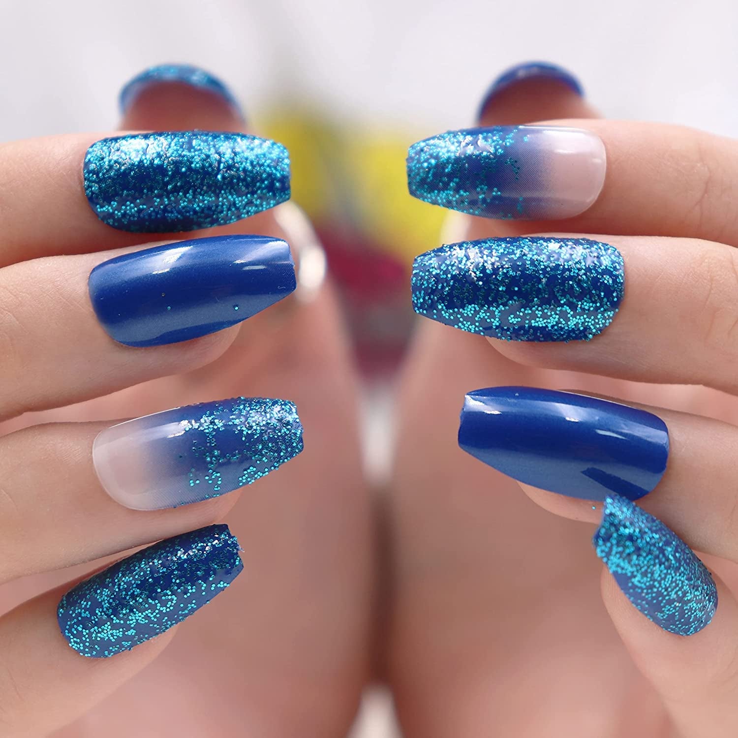 Press on Nails - Medium Coffin Glue on Nails with Blue Ombre, Acrylic Bling Glitter Design 24 Pcs