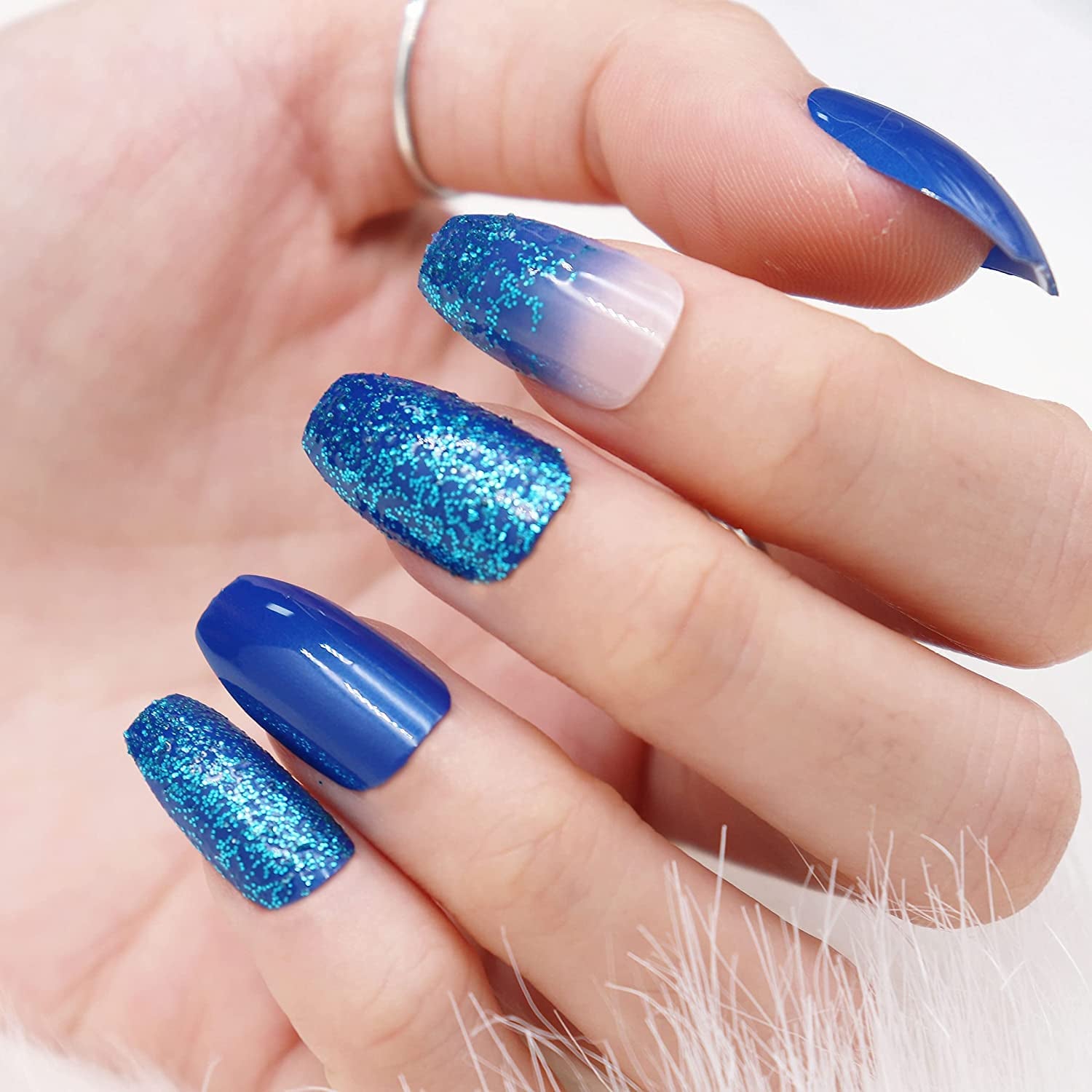 Press on Nails - Medium Coffin Glue on Nails with Blue Ombre, Acrylic Bling Glitter Design 24 Pcs