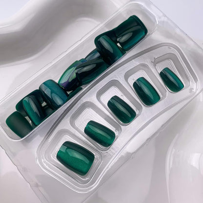 Dark Green Press on Short Square Cat Eye Acrylic Ombre Artificial Glossy Squoval False Xmas Stick on Nails for Women 30Pcs