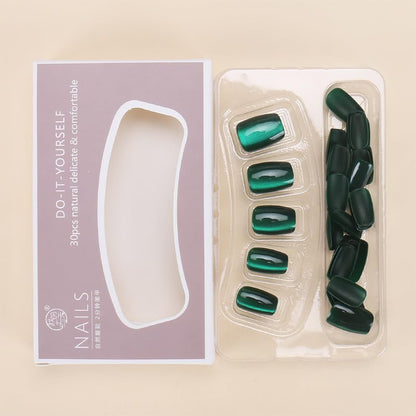 Dark Green Press on Short Square Cat Eye Acrylic Ombre Artificial Glossy Squoval False Xmas Stick on Nails for Women 30Pcs