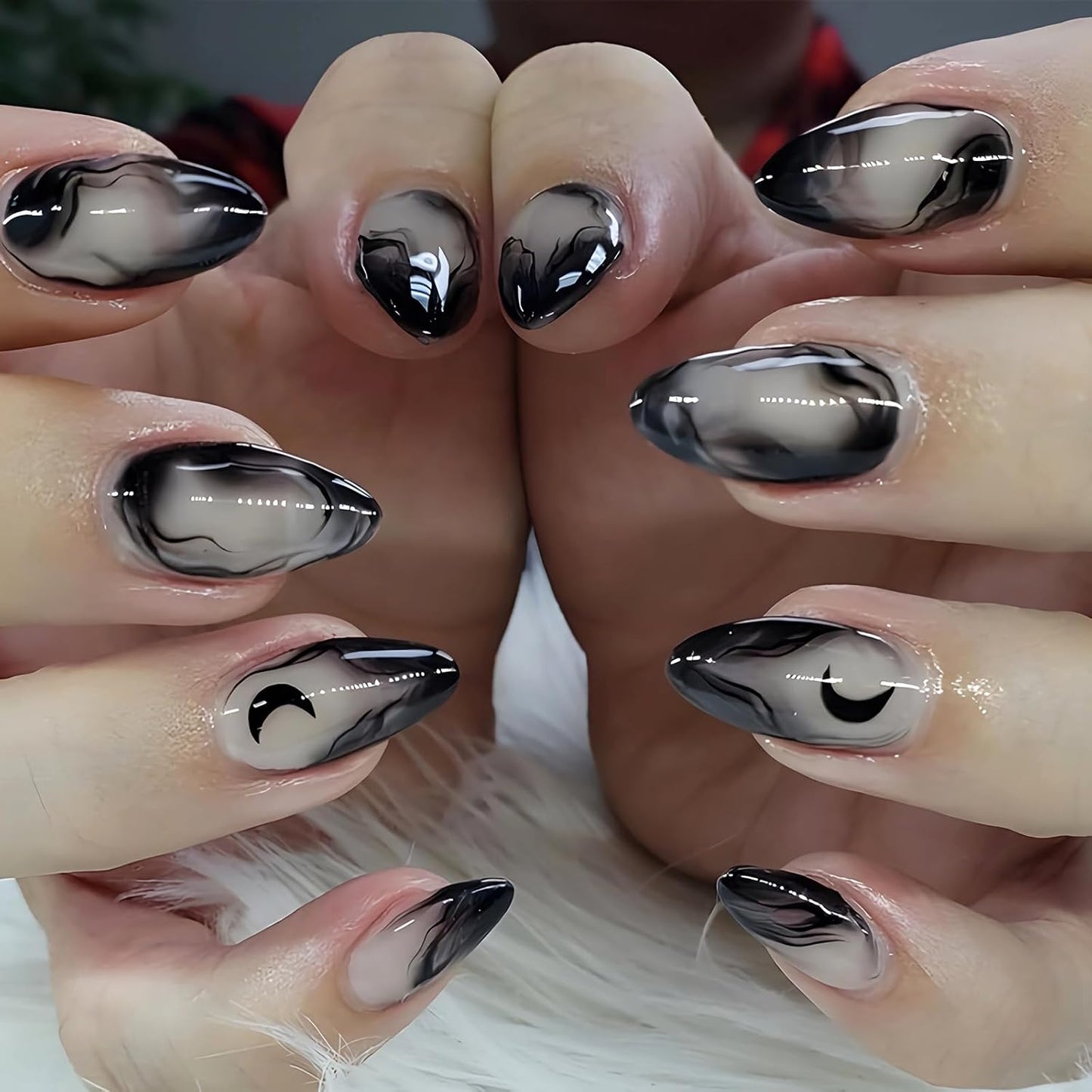 Press on Nails - Medium Almond Glue on Nails with Goth Black, Acrylic Gothic Moon Design 24 Pcs