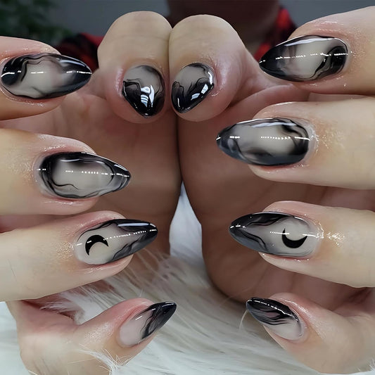 Press on Nails - Medium Almond Glue on Nails with Goth Black, Acrylic Gothic Moon Design 24 Pcs