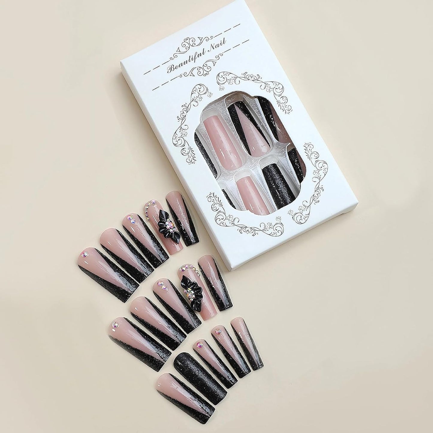 Press on Nails - Long Square Glue on Nails with Black French Tip, Acrylic Flower Rhinestone Design 24 Pcs