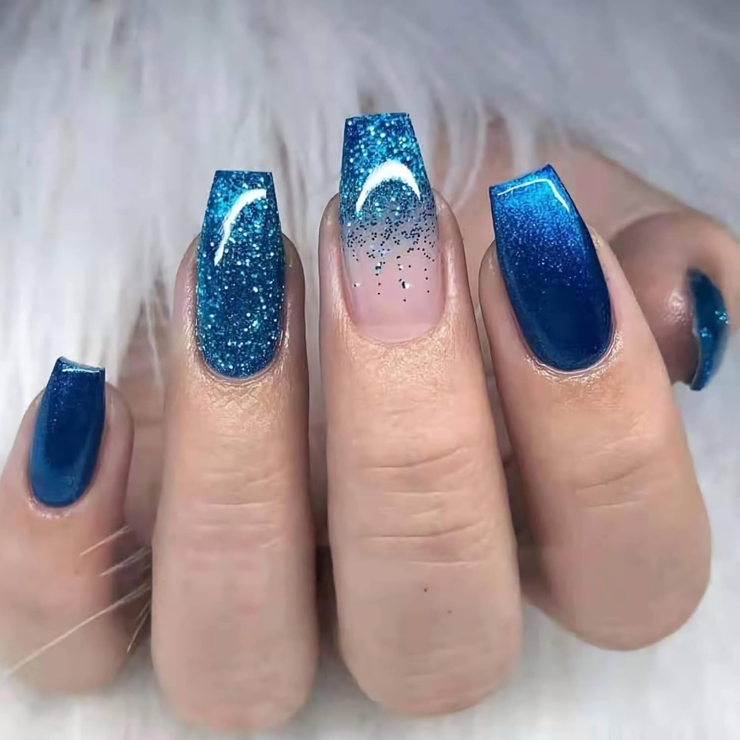 Press on Nails - Medium Coffin Glue on Nails with Blue Ombre, Acrylic Bling Glitter Design 24 Pcs