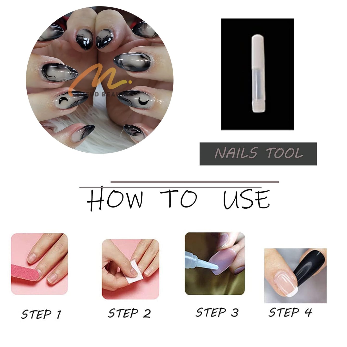 Press on Nails - Medium Almond Glue on Nails with Goth Black, Acrylic Gothic Moon Design 24 Pcs