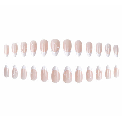 Almond Press on Nails,White French Tip Almond Nails Medium Fake/False Nails with Pearl Nails Press on Designs Acrylic Artificial Nails Stick on Nails for Women 24Pcs