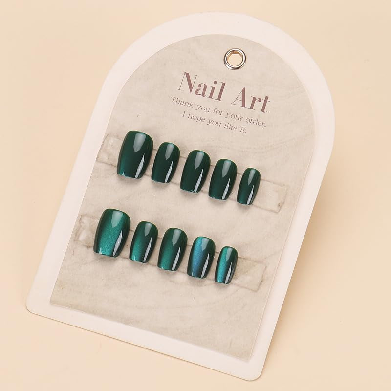 Dark Green Press on Short Square Cat Eye Acrylic Ombre Artificial Glossy Squoval False Xmas Stick on Nails for Women 30Pcs