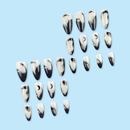 Press on Nails - Medium Almond Glue on Nails with Goth Black, Acrylic Gothic Moon Design 24 Pcs