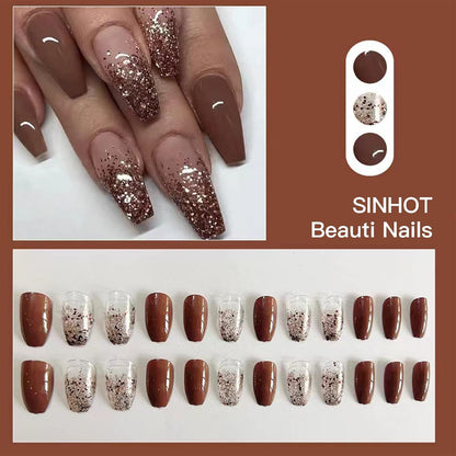 Coffin Press on Nails Medium Ballerina Glossy Glue on Nails Brown Gradient Acrylic False Nails Designs 24 Pcs